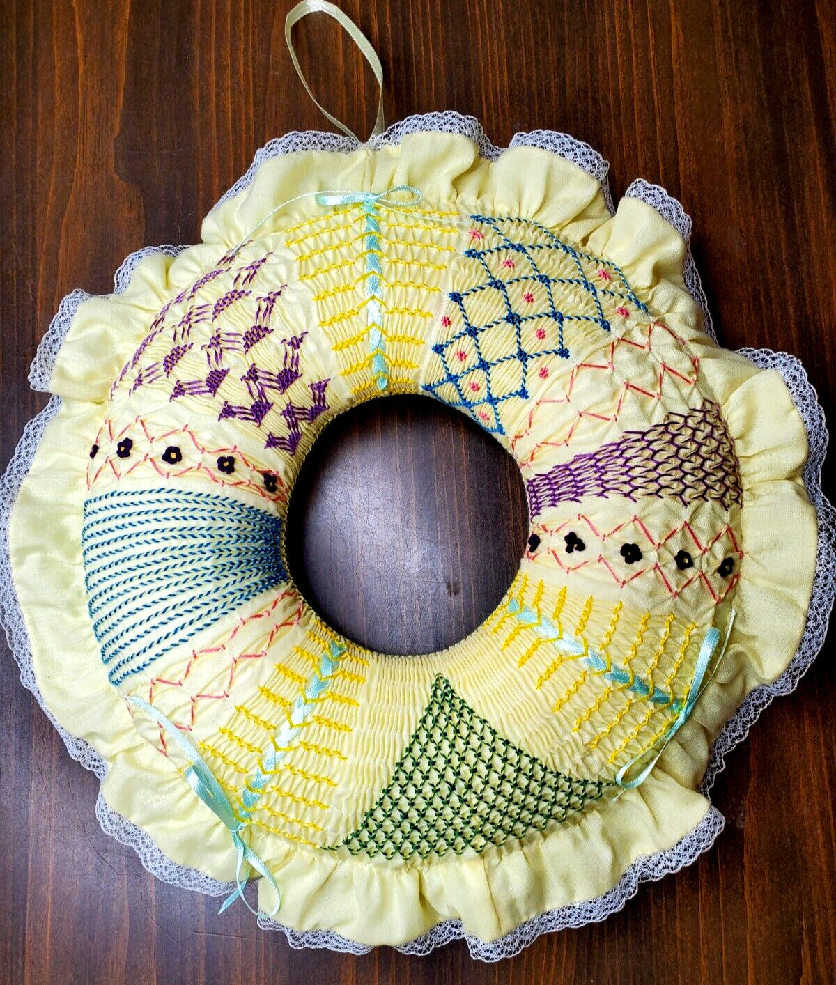 Vintage Handmade Wreath Wall Decor Yellow Smocked Ruffle 13" Baby Nursery Farm