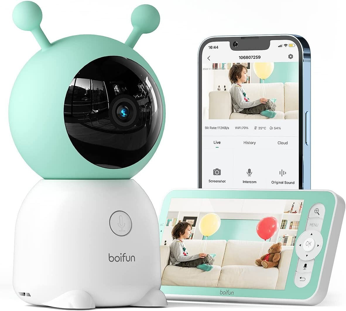 BOIFUN 2K 5" Video Baby Monitor WiFi, 360 View Baby Camera,Auto Tracking,Battery