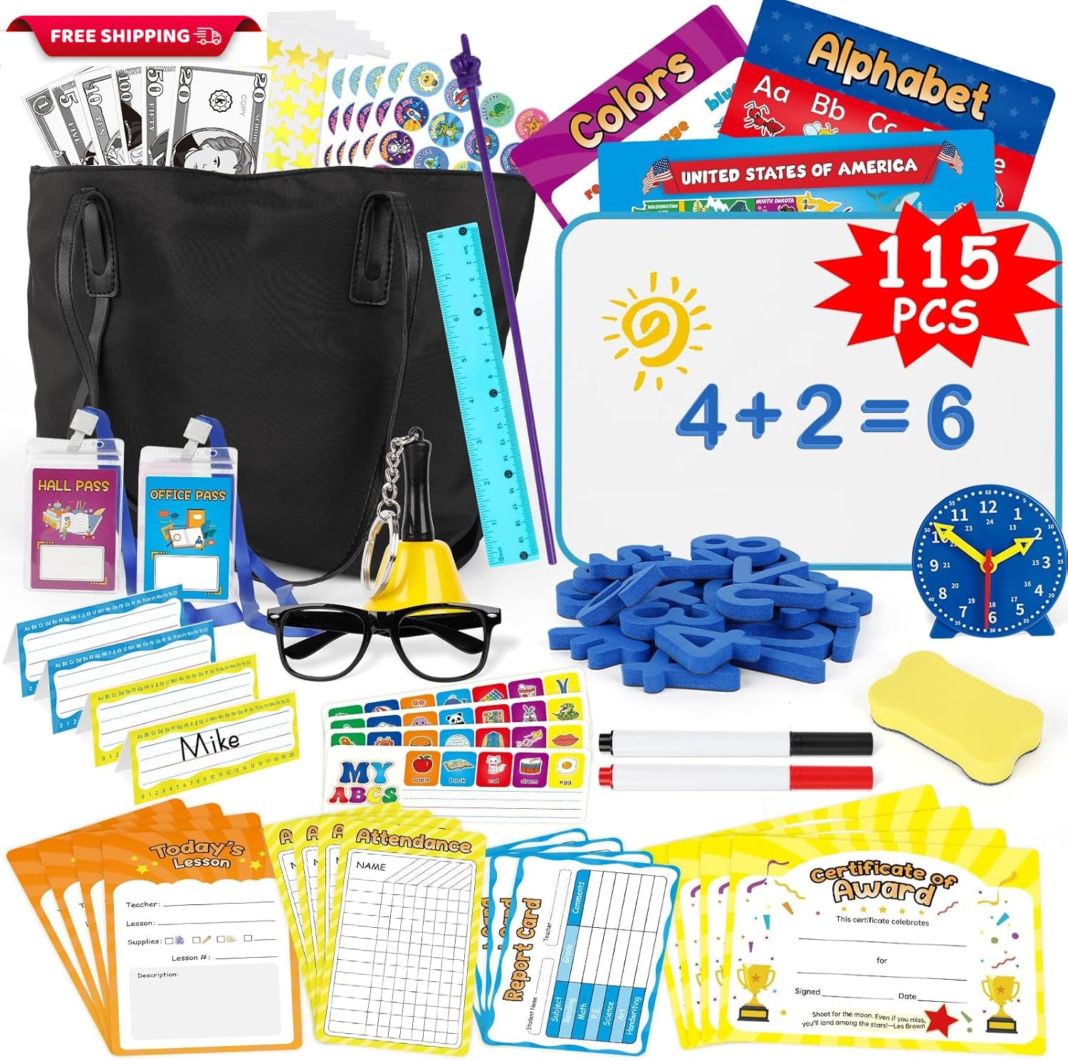 115 PCS Pretend Play Teacher Set for Kids, with Magnetic Numbers, Bell, Money Ga