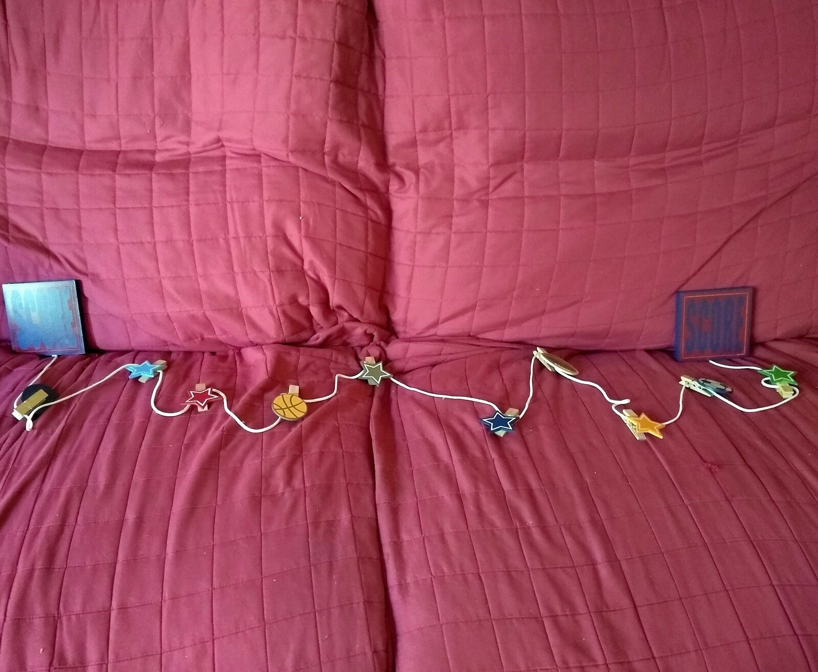 Sports Theme Wood & String Hanging Wall Decor Nursery Bedroom Stars Balls Clips