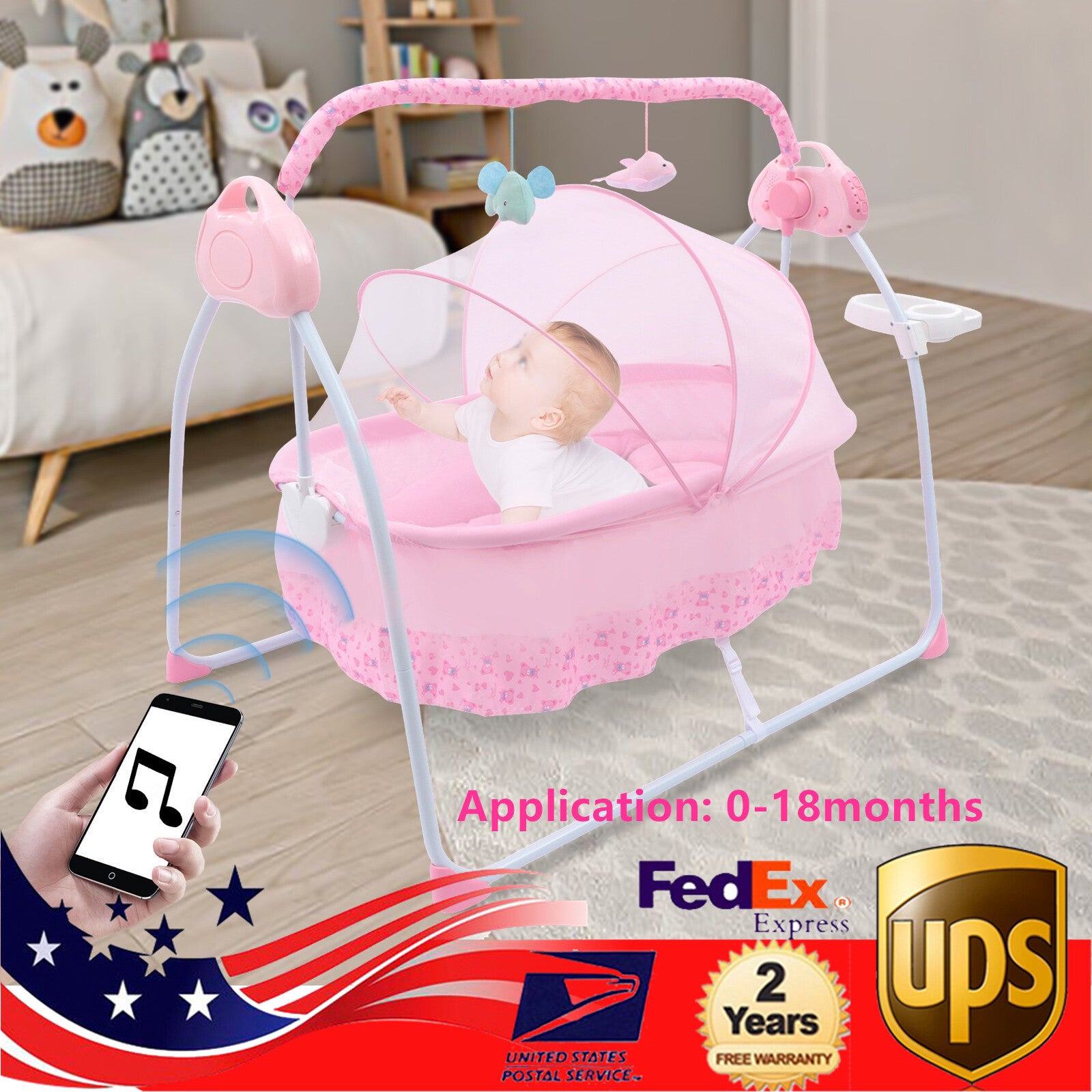 Electric Baby Swing Bed Crib Cradle Infant Rocker Basket Bedside Bassinets+Music