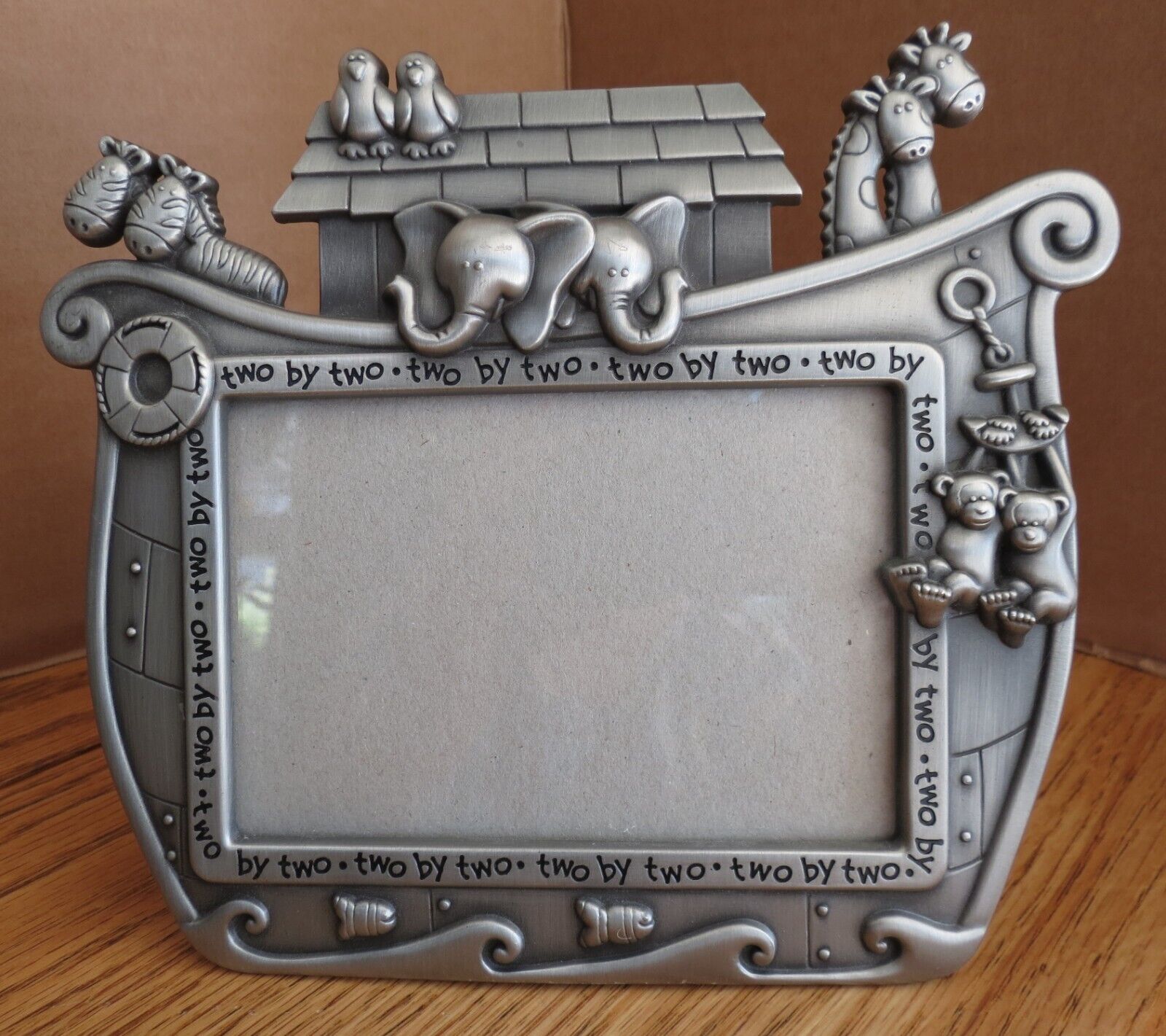 Pewter Photo Frame Noah's Ark Two By Two Baby Toddler Holds 3.5 In x 5 In