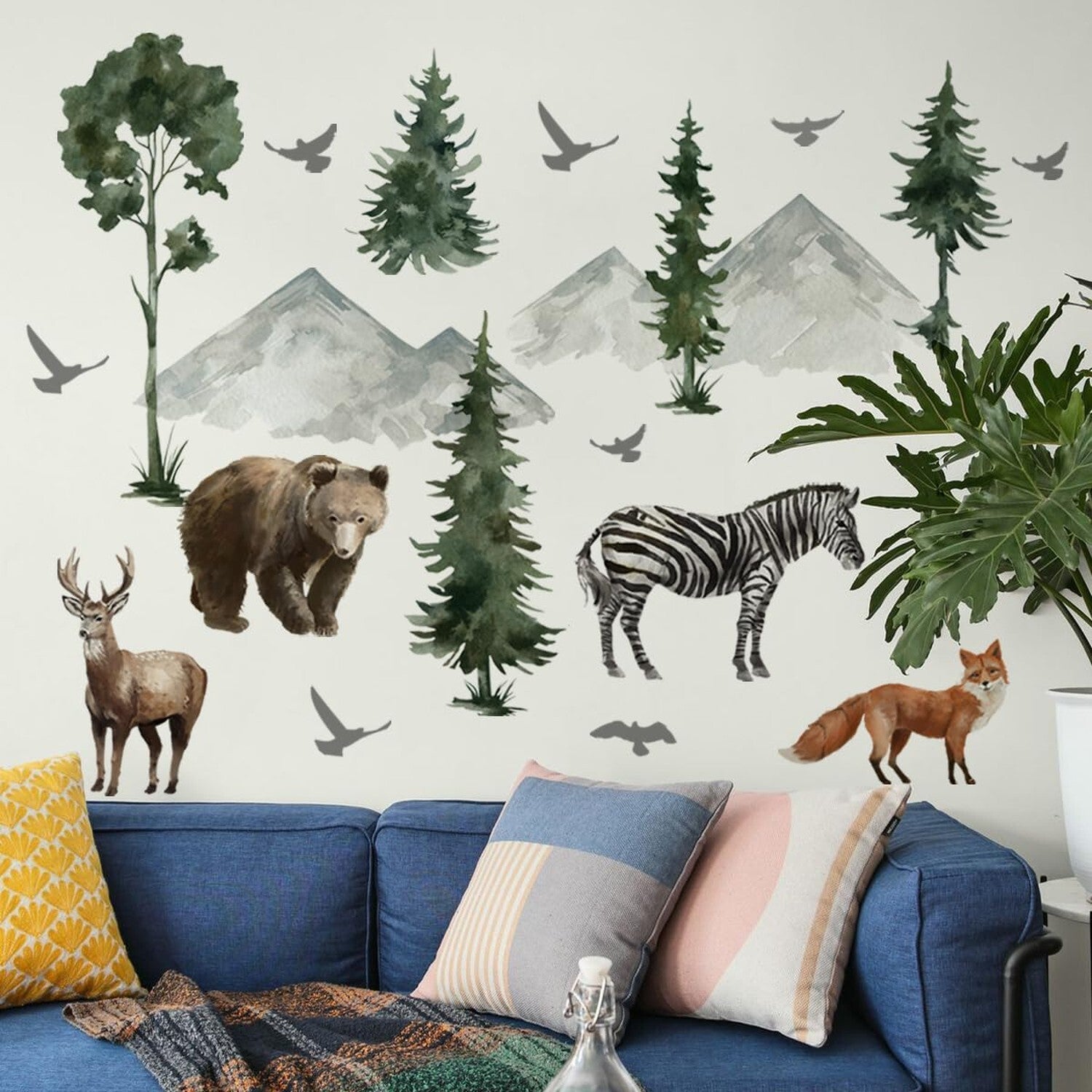 Removable Jungle Animals Trees Wall Decals Ink Painting Safari Animals Forest...