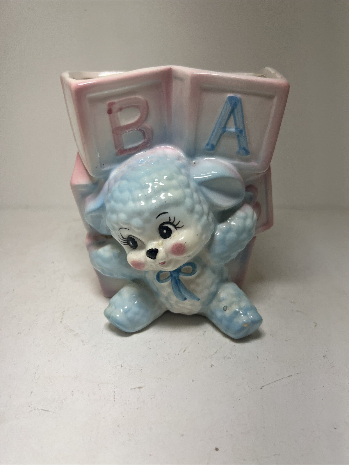 Vintage Lefton Baby Blocks with Blue Lamb Nursery Planter Vase