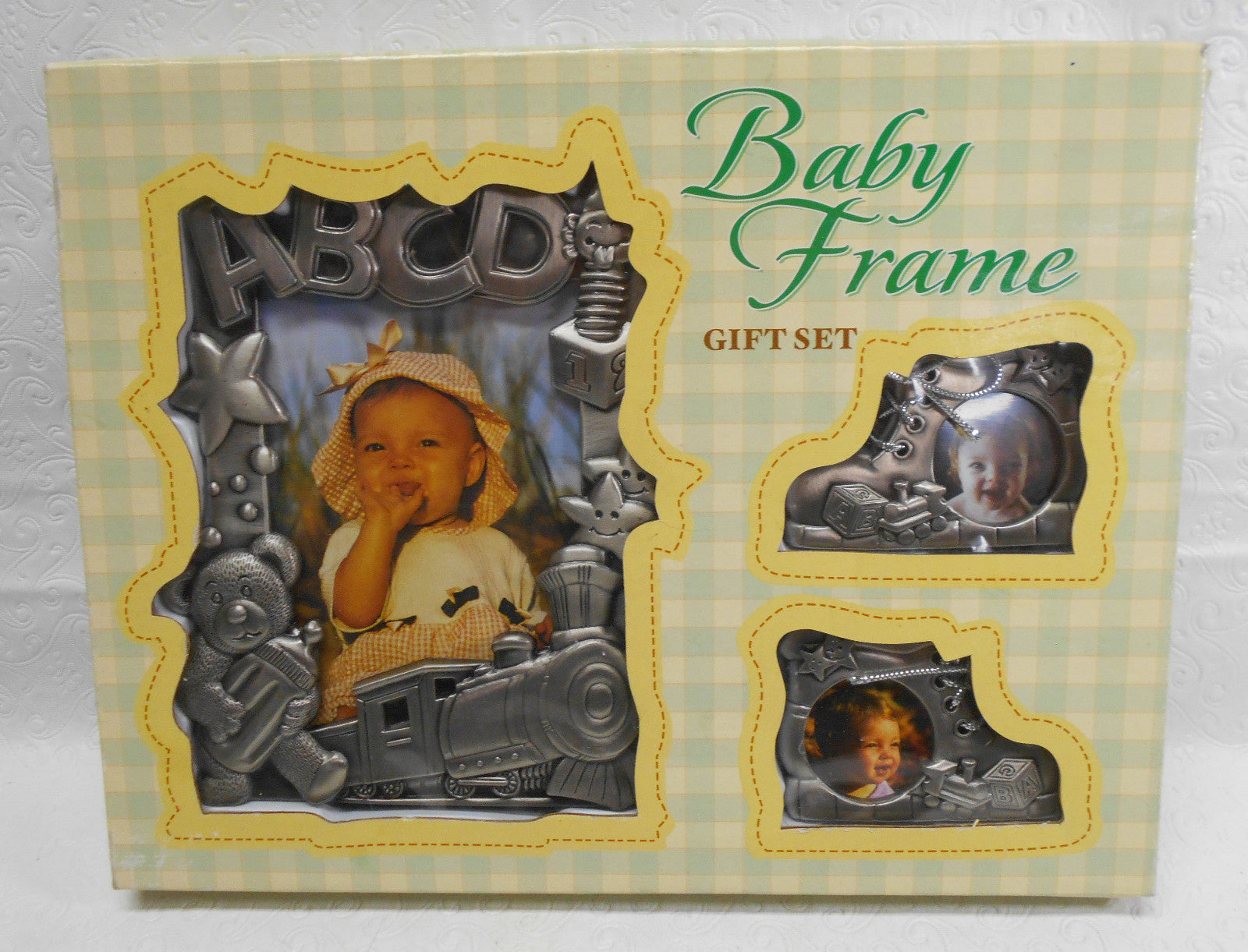 3 Piece Metal Baby Photo Frame Gift Set - Nursery - Train Bear Blocks -  New NIP
