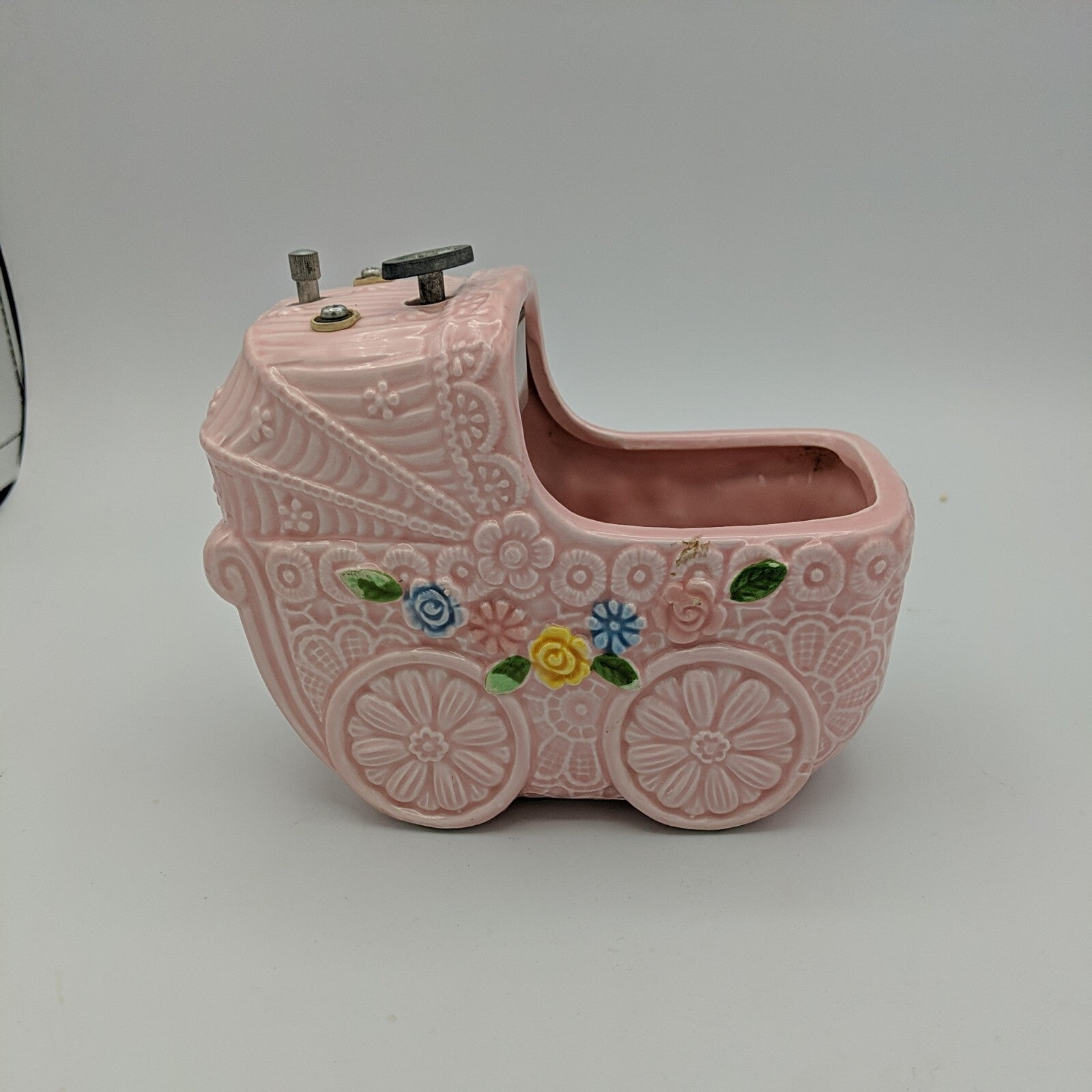 Napcoware Japan Ceramic Musical "Mozart's Lullaby" Pink Baby Carriage Planter 