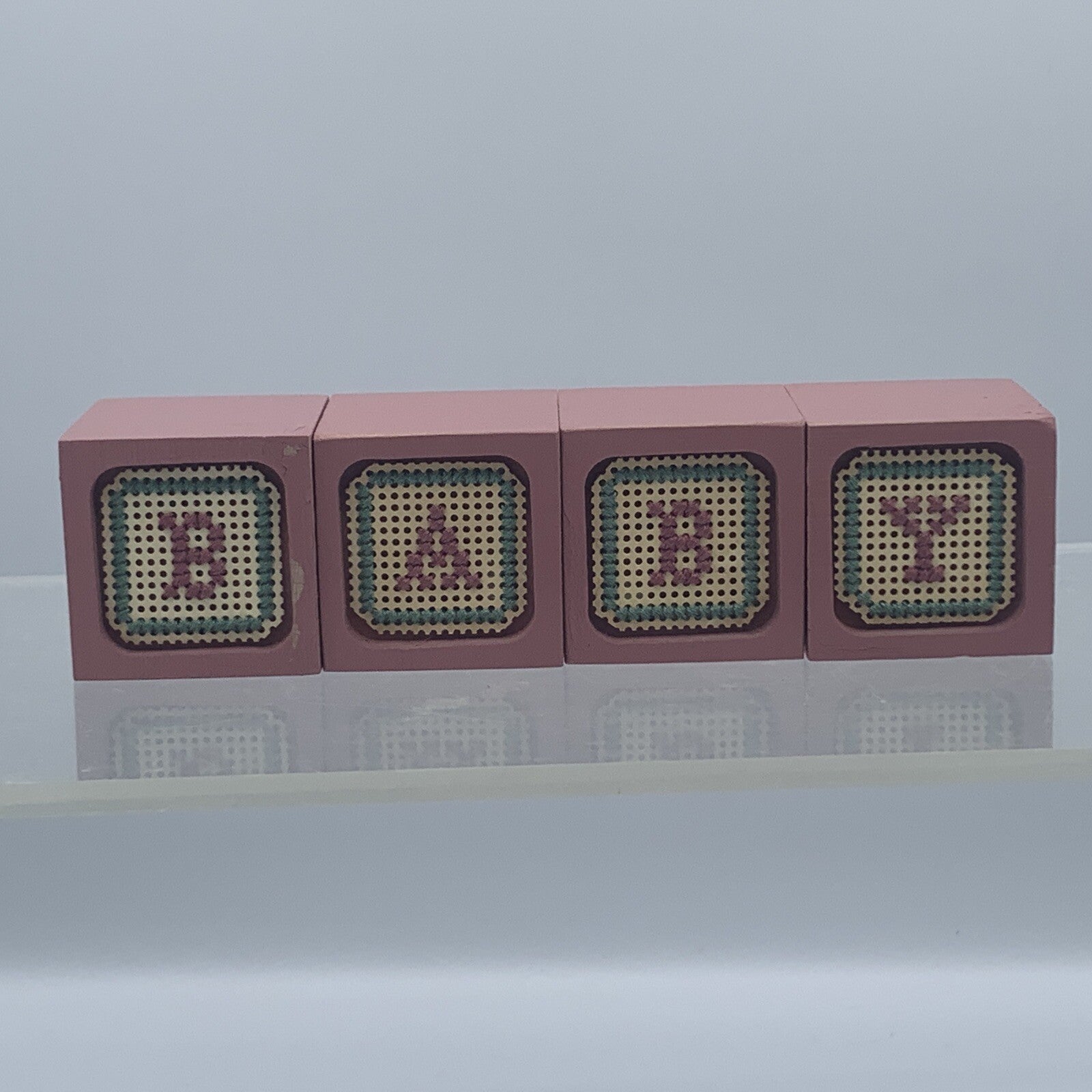 4 Stacking Mauve Wooden Blocks BABY Cross Stitch Perforated Paper Nursery Decor