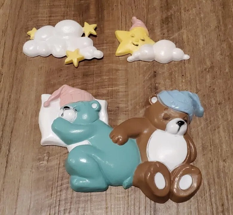 Burwood Products Sleeping Bears Clouds Stars Stocking Cap Nursery Wall Decor Lot