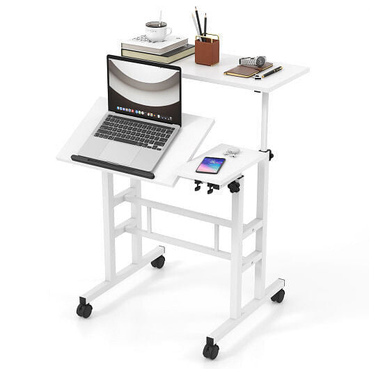 Mobile Stand-up Computer Desk Adjustable with 2 Tilting Desktops-White - Color: 