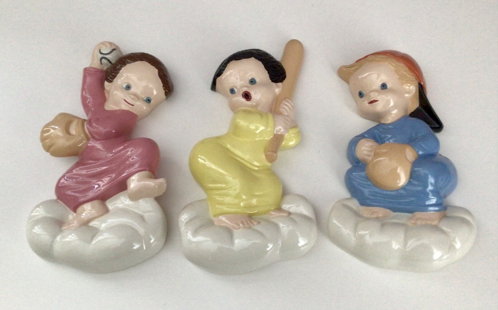 VTG 1971 Nursery Childs Room Ceramic Decor Babies Playing Baseball on Clouds