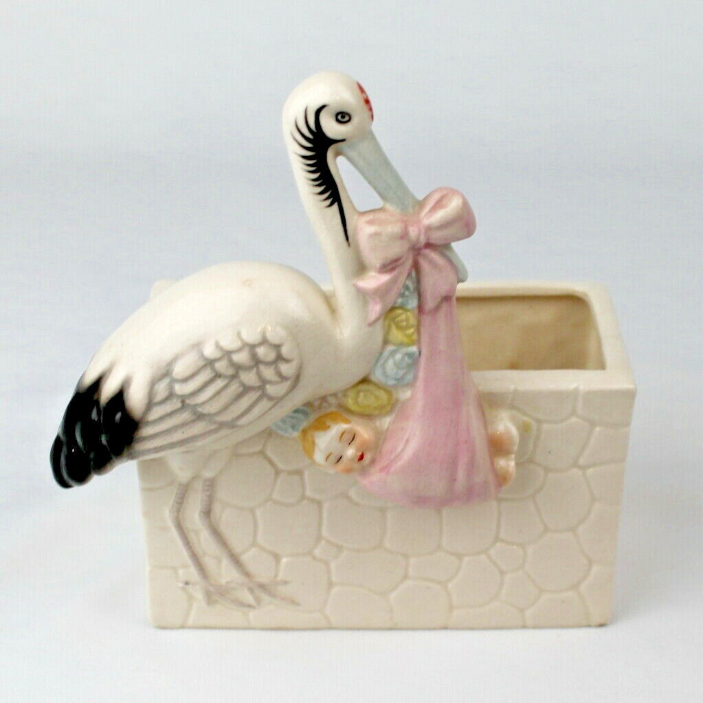 Vintage Ceramic Stork Baby Nursery Planter Figurine - Pastel Pink Bundle of Joy 