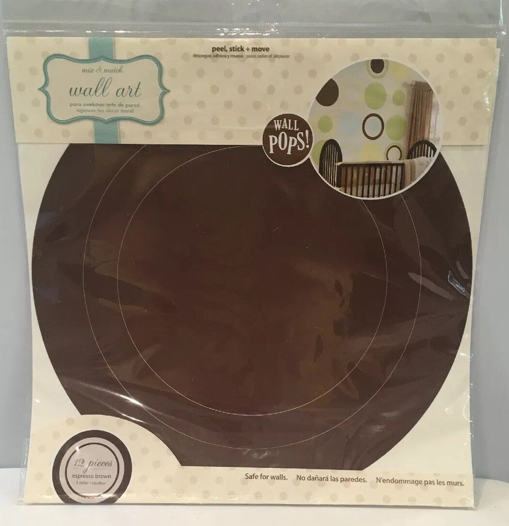 NIP Wall Pops Espresso Brown Dots & Circles Wall Decals 4 Sheets w 12 Pieces NOS