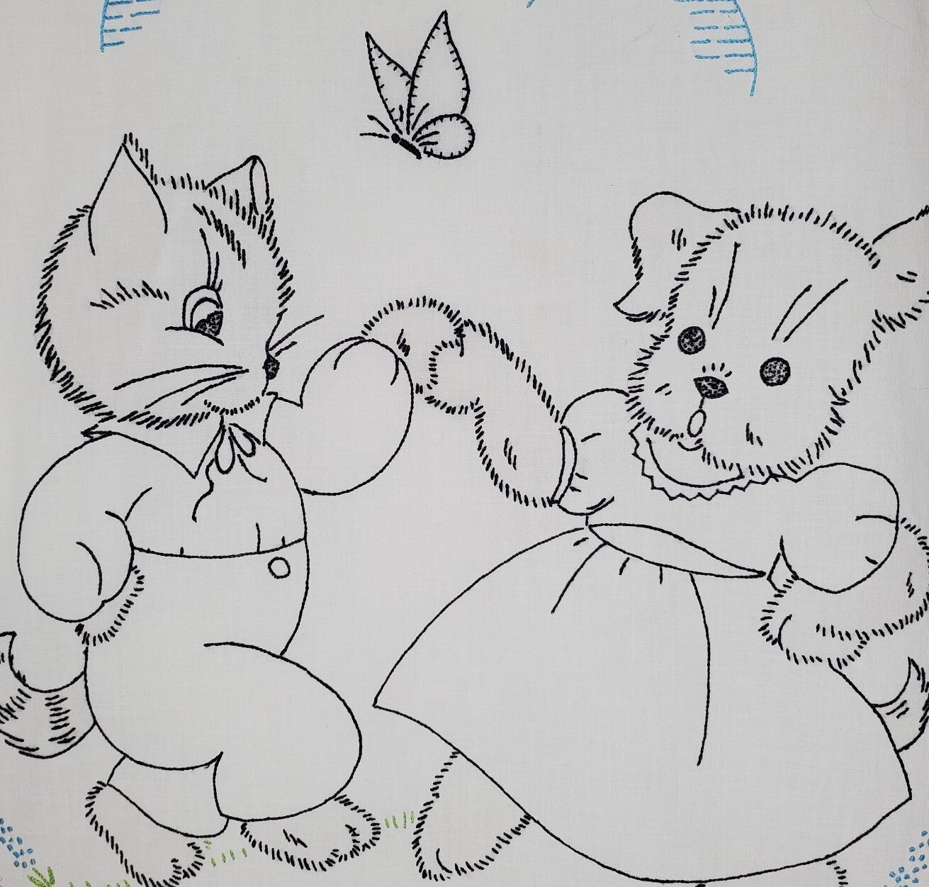 Vintage Embroidered Baby Crib Cover Anthropomorphic Cat Dog Nursery Wall Decor