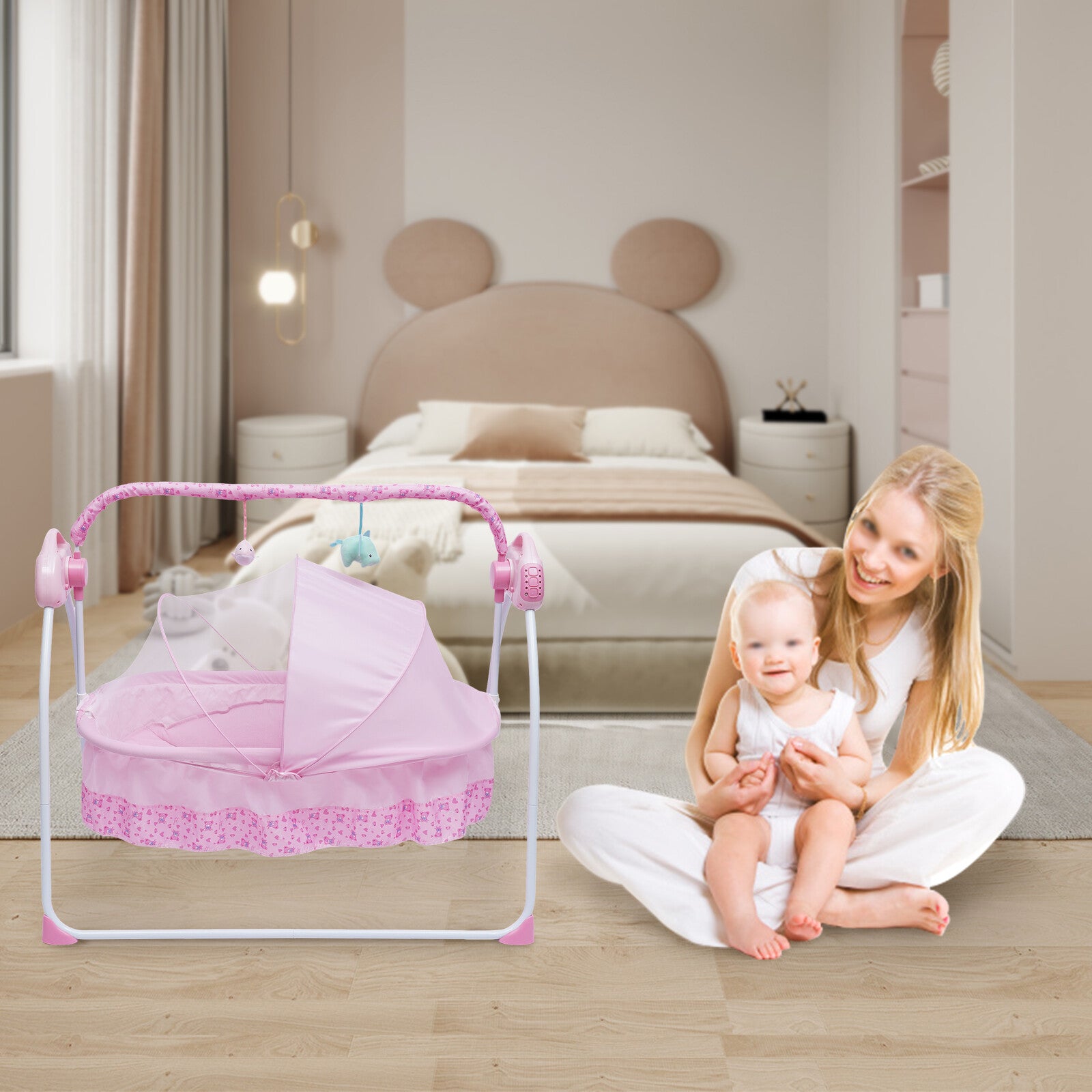 Intelligent Electric Pink Baby Bed US Foldable Automatic Rocking Chair 5 Speed
