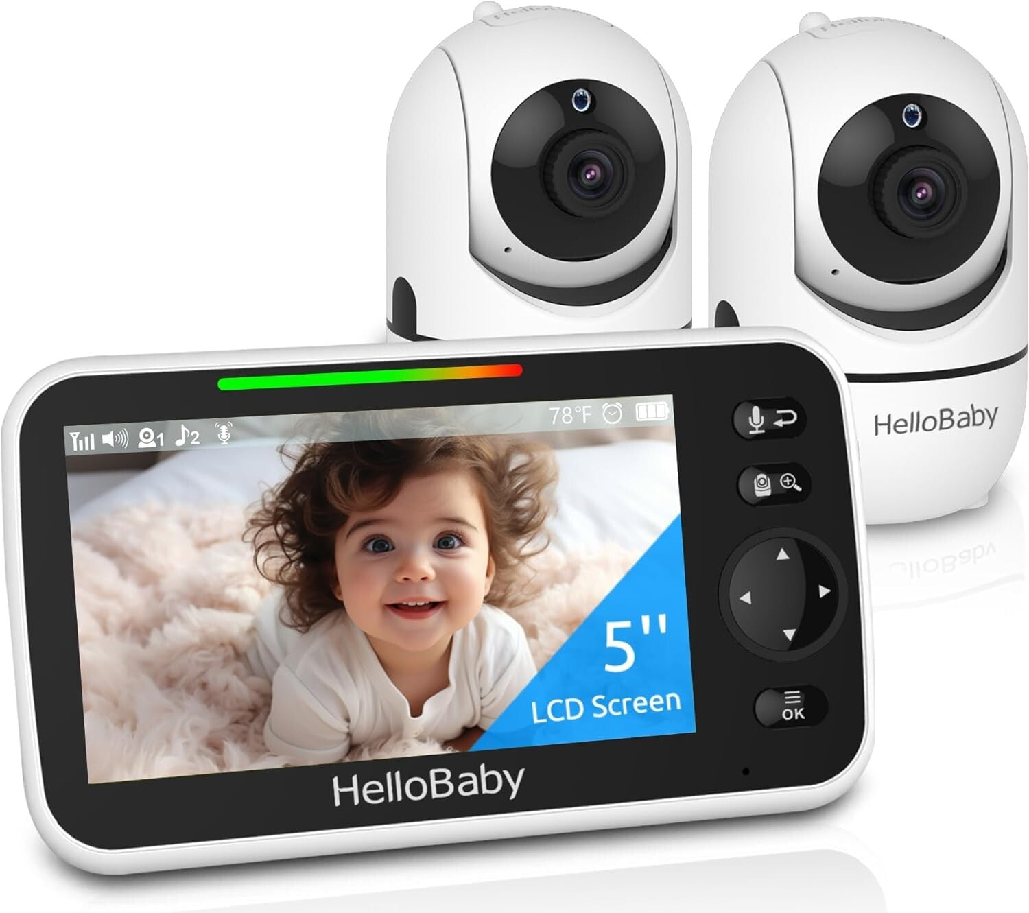 HelloBaby Upgrade 5 Baby Monitor with 26-Hour Battery, 2 Cameras Pan-Tilt-Zoom