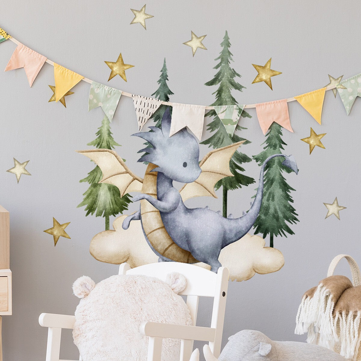 Cartoon Dragon Sticker Pine Star Wall Decal Kids Nursery Baby Room Decor Gift