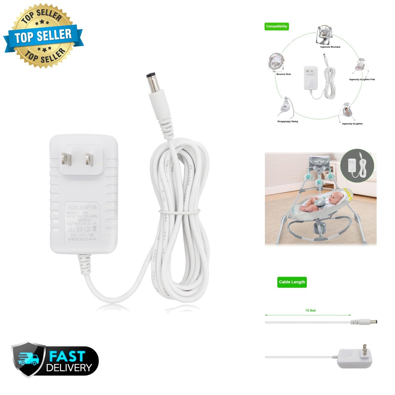 10ft 6V AC Adapter for Ingenuity & Maxi COSI Baby Swings - Smart Protection