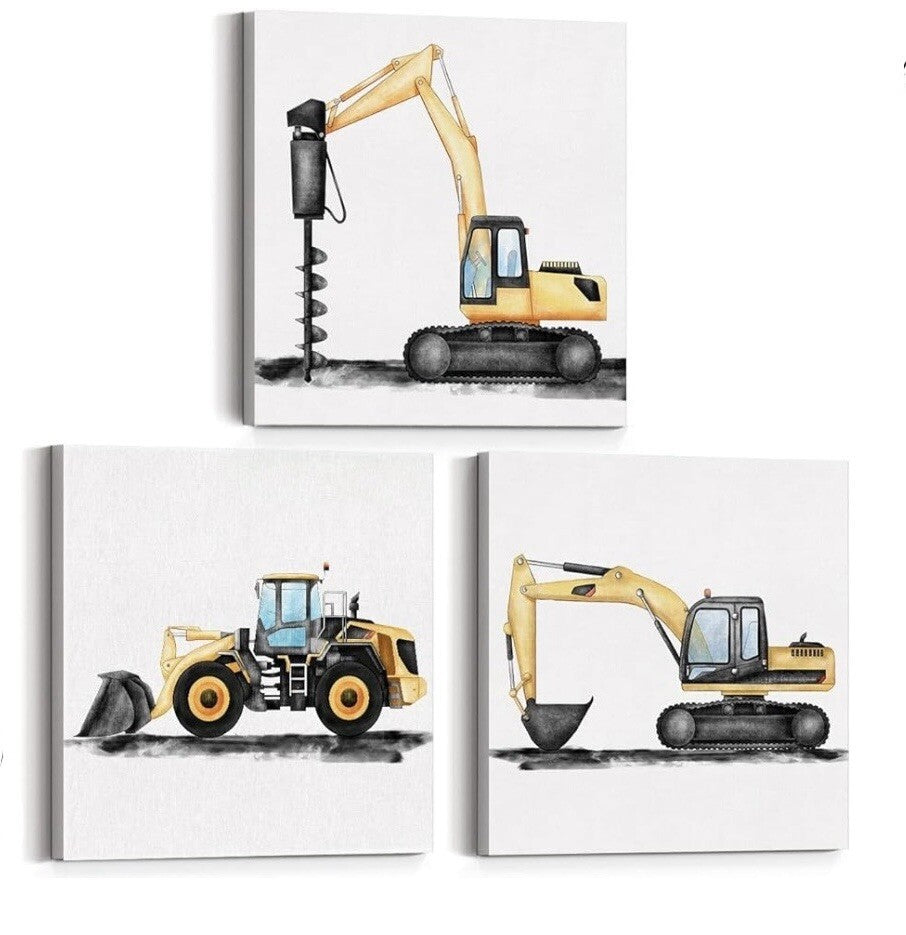 Set Of 3 Construction Truck Nursery Wall Canvases 12x12 NIB