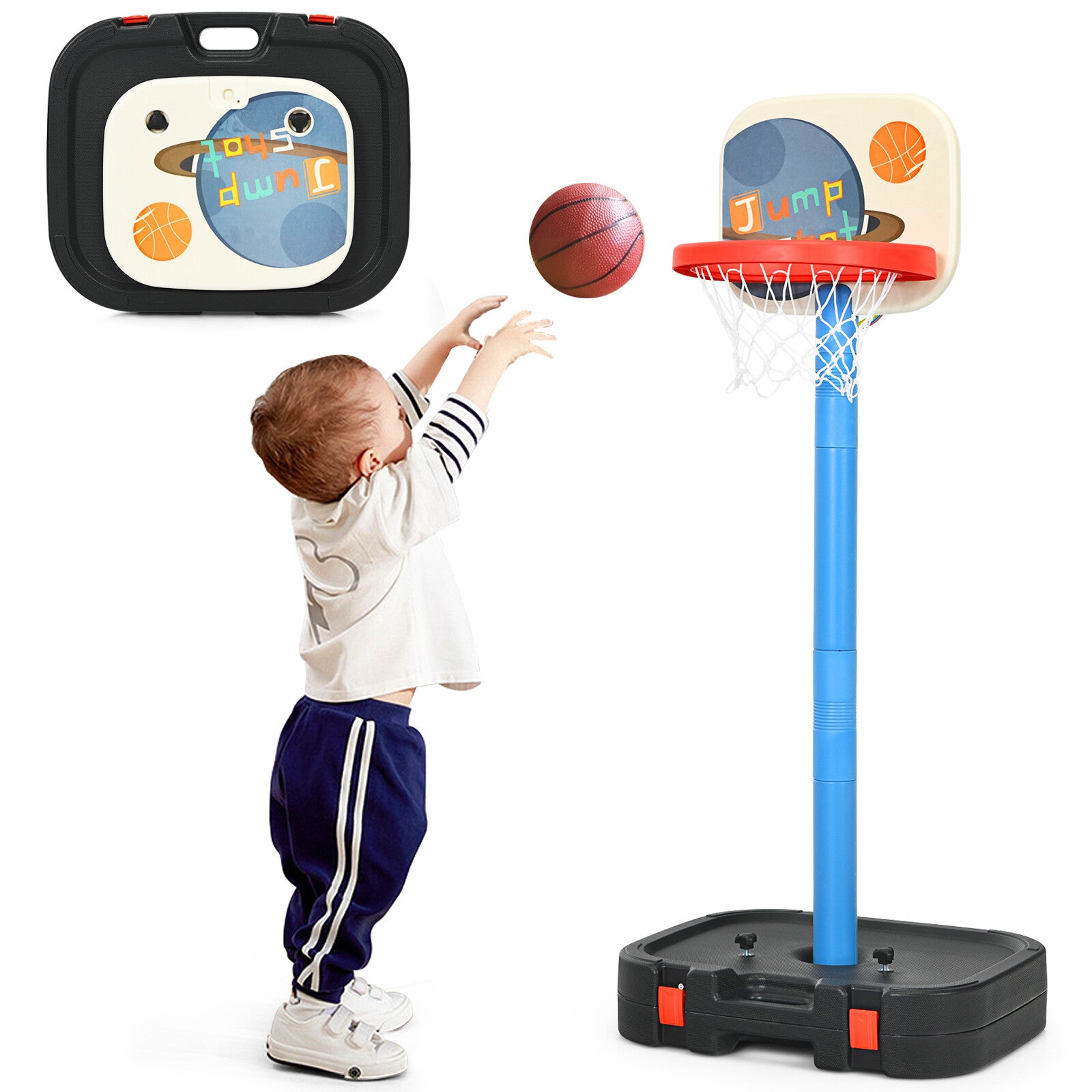 Costway Portable 2 in 1 Kids Basketball Hoop Stand w/ Ring Toss & Storage Box