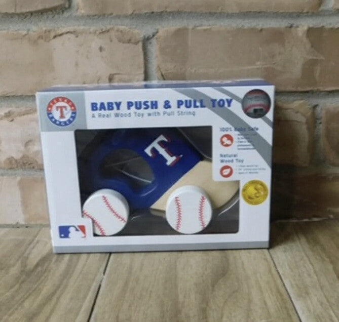 Texas Rangers MLB Baby Push & Pull Real Wood Toy Cotton String Baseball Wheels