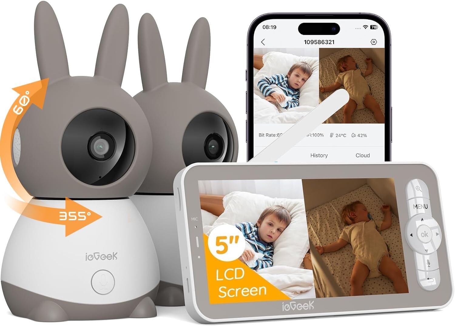 ieGeek 2K Split-Screen WiFi Baby Monitor, 5" Audio Baby Monitor with 2 Cameras