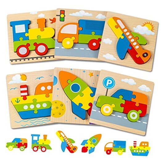 Wooden Puzzles Toy Gift for 1, 2, 3 Years Old Boys Girls, Toddler Best Vehicle