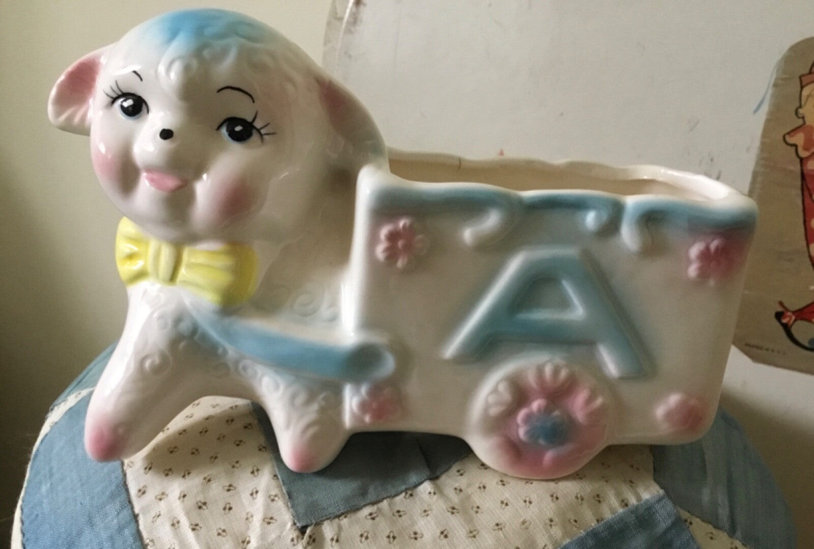 VTG GIFTWARES CO. NANCY PEW BABY NURSERY PLANTER ABC LETTER BLOCK WAGON LAMB (?)