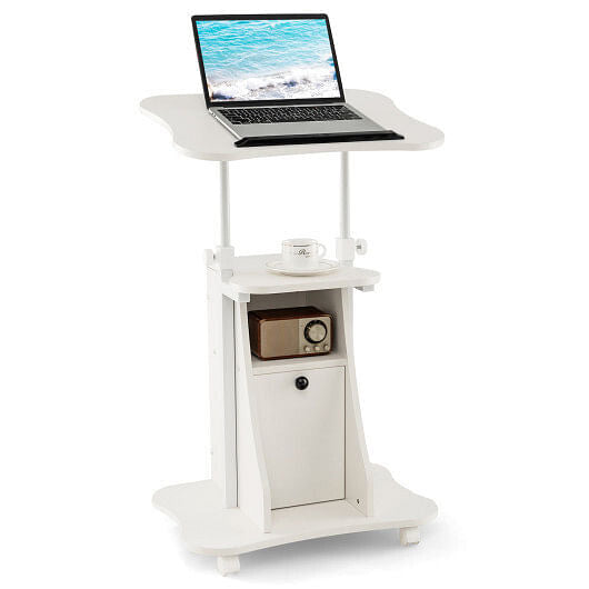 Adjustable Mobile Standing Desk Cart with Tilt Desktop and Cabinet-White - Color