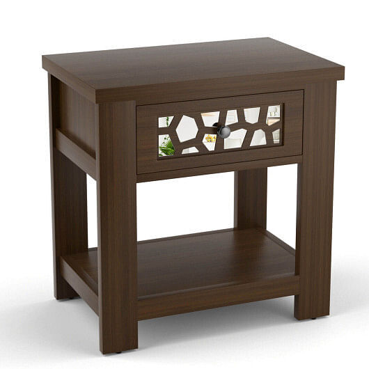 Wood Retro End Table with Mirrored Glass Drawer and Open Storage Shelf-Brown - C