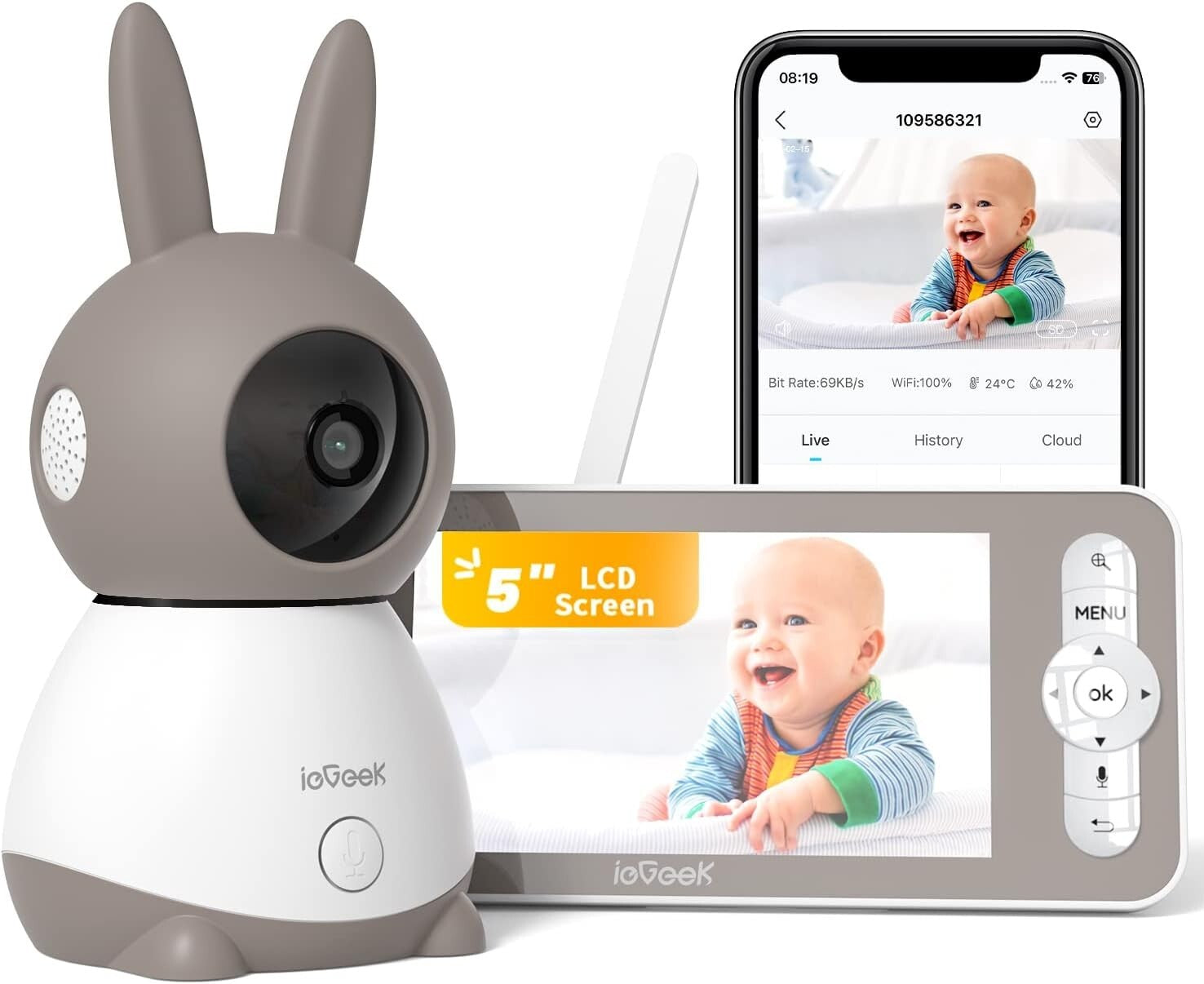 ieGeek 2K Baby Monitor WiFi Video Baby Camera, 2 Way Audio,Night Vision,5 inch