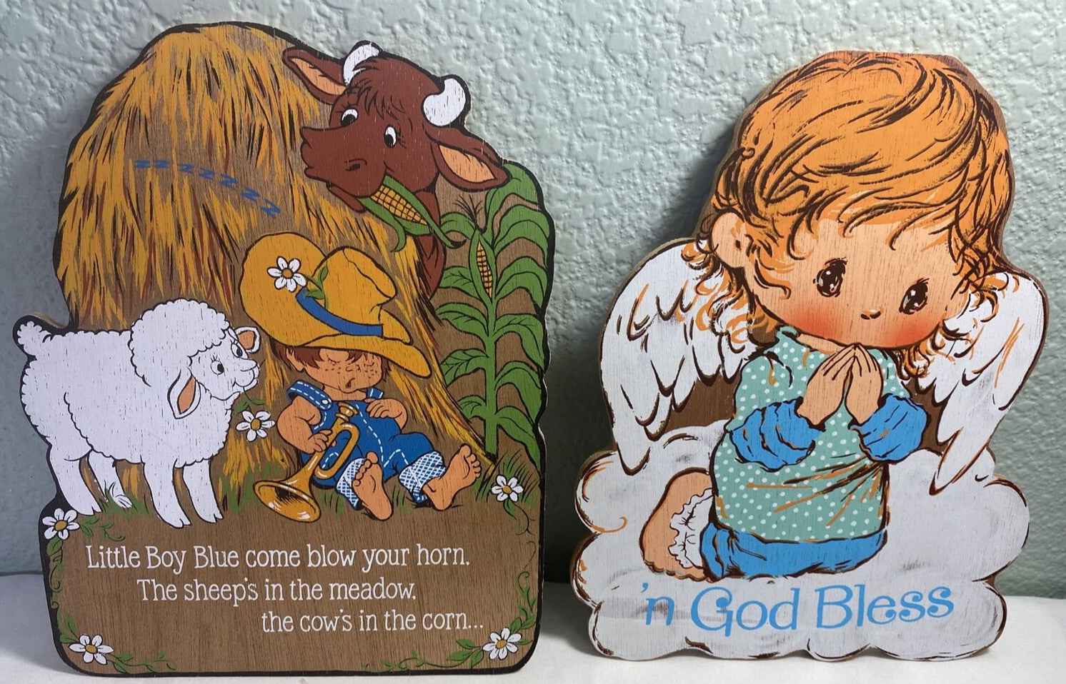 Vintage Hallmark Kids Wall Decor Nursery Playroom Baby Shower Wood Set x2