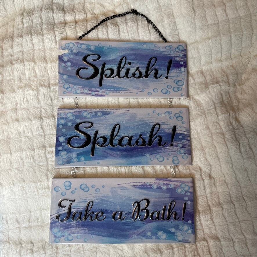 SPLISH SPLASH TAKE A BATH Bathroom Metal Hanging Sign Bubble Cute Blue White