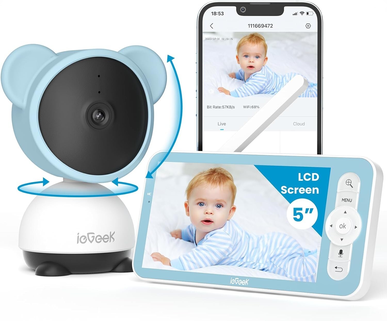 ieGeek 5'' Baby Monitor, 360° PTZ WiFi Smartphone 1080P Baby Camera,Night Vision