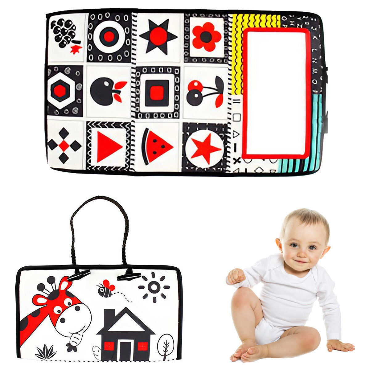 Baby Tummy Time Floor Mirror with Soft Cloth Books and Teethers Montessori