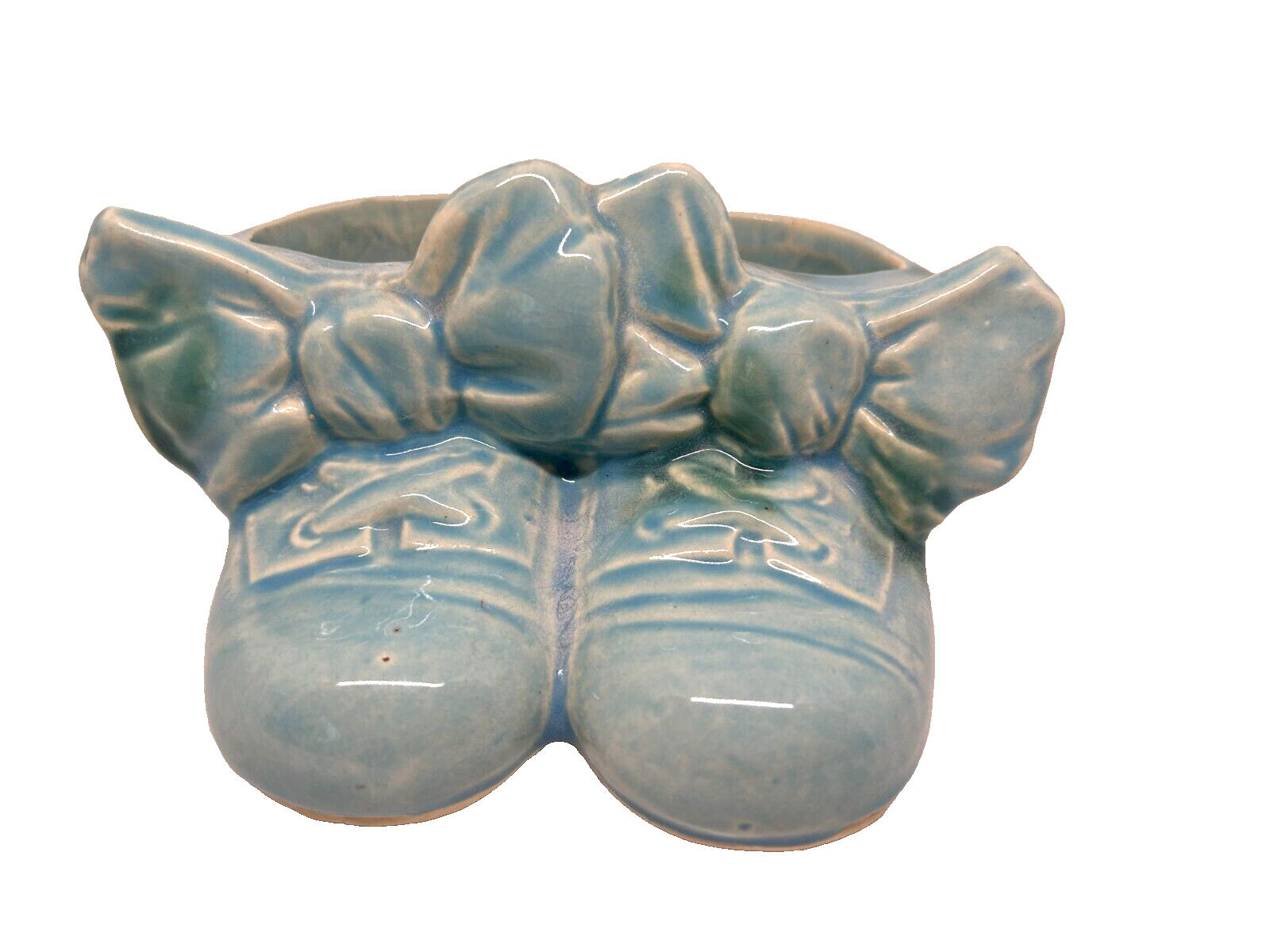 Vintage Ceramic Planter Baby Booties Blue With Bow 4.25" x 2.25" Tall