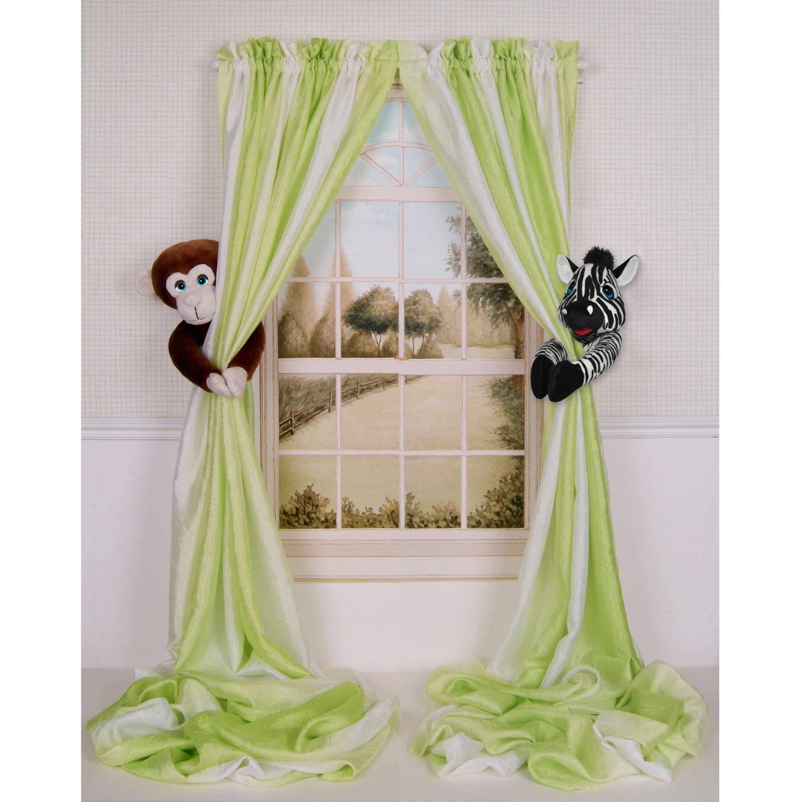 DESIGNER BABY KIDS JUNGLE ZOO STUFFED ANIMAL DECOR MONKEY ZEBRA CURTAIN TIEBACKS