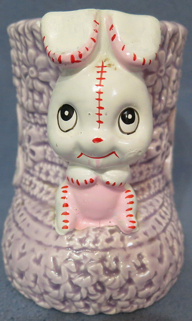 Vintage Napcoware Japan Planter Purple Knit Baby Bootie w Bunny Flowers 3 1/2" T
