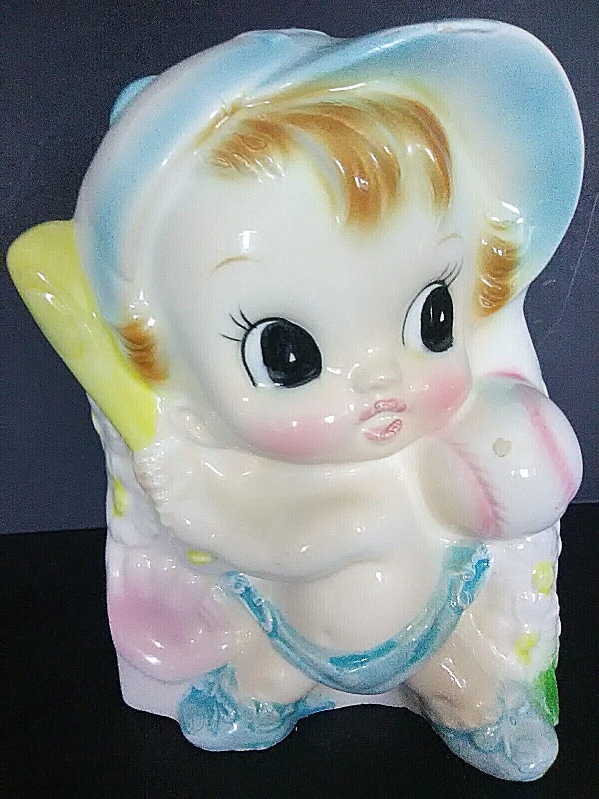 Vase Nursery Planter Vintage Japan Mid-20th Baby Boy Baseball Blue Rubens