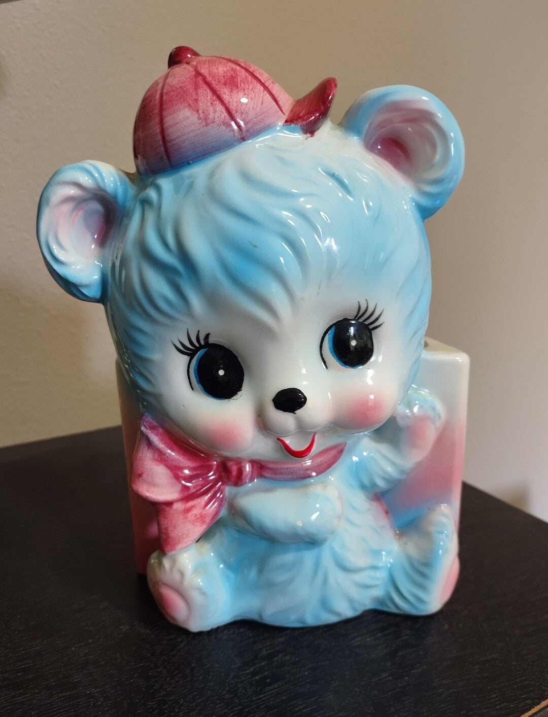Vintage Relpo Blue Baby Bear Nursery Planter - Cap and Bow