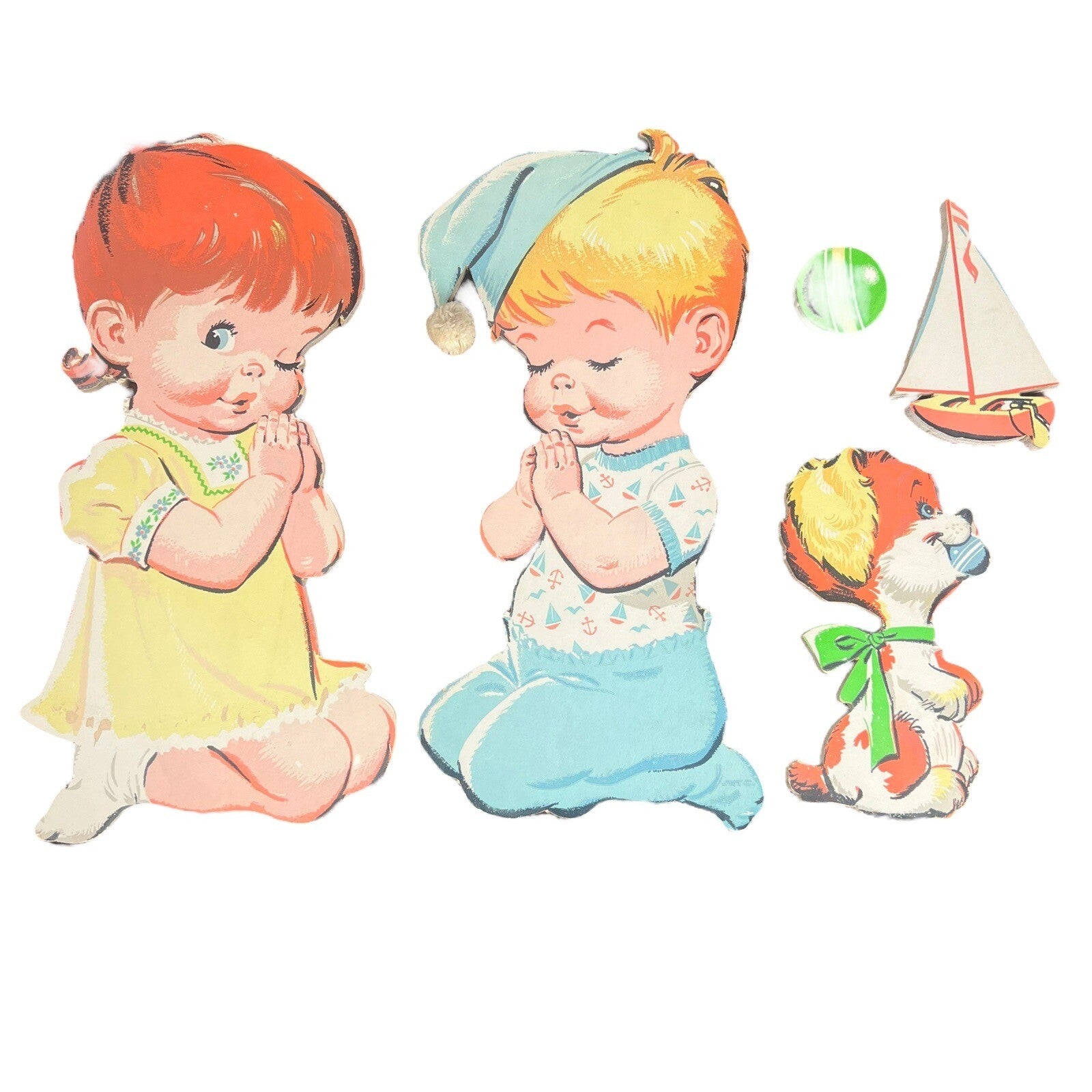 Rare Pressed Wood Praying Boy Girl Dog Ball Sailboat Nursery Wall Decor 50s 60s