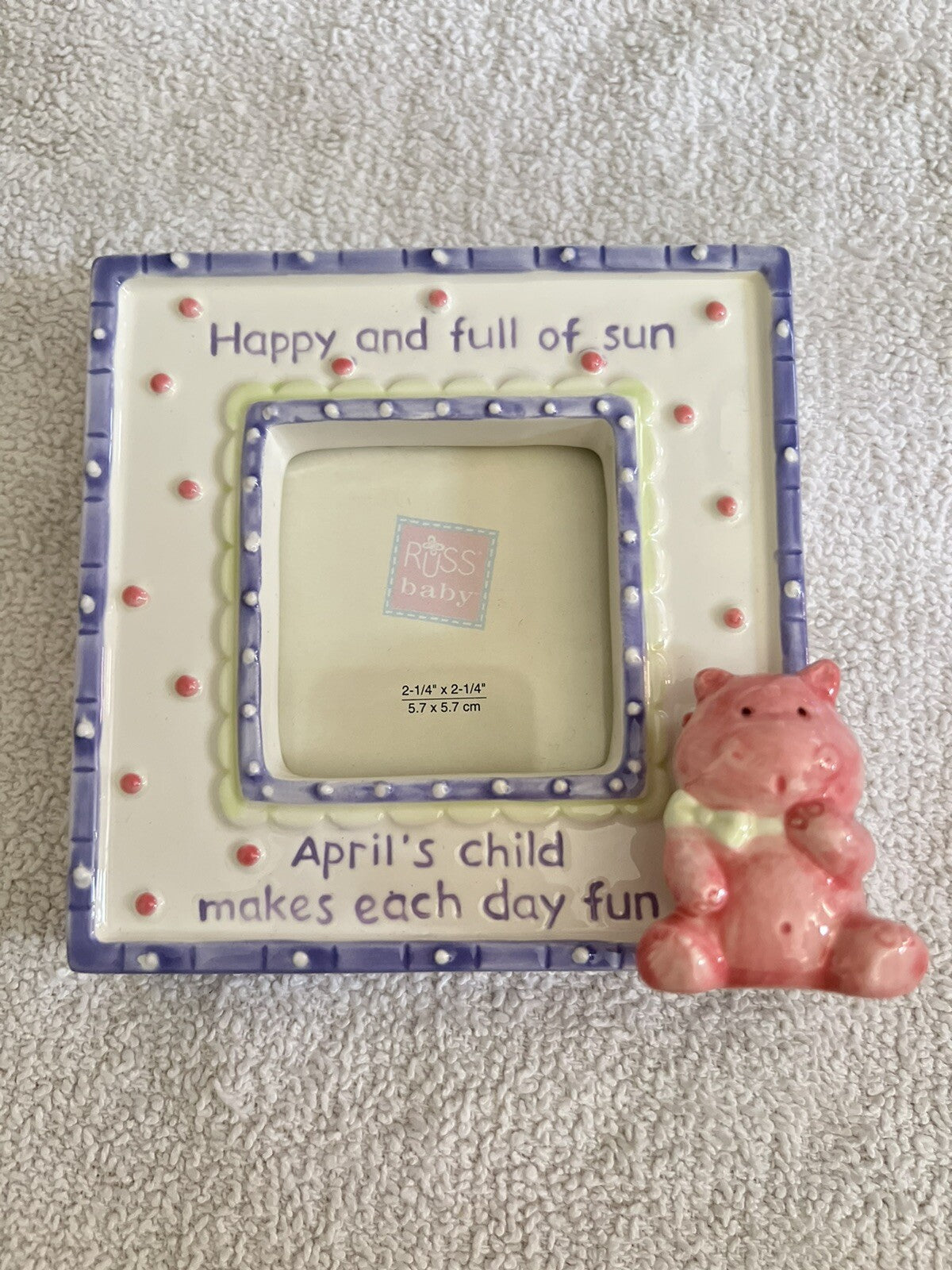 Photo Frame Russ Precious Keepsakes April Baby Holds 4 X 4  Ceramic Purple
