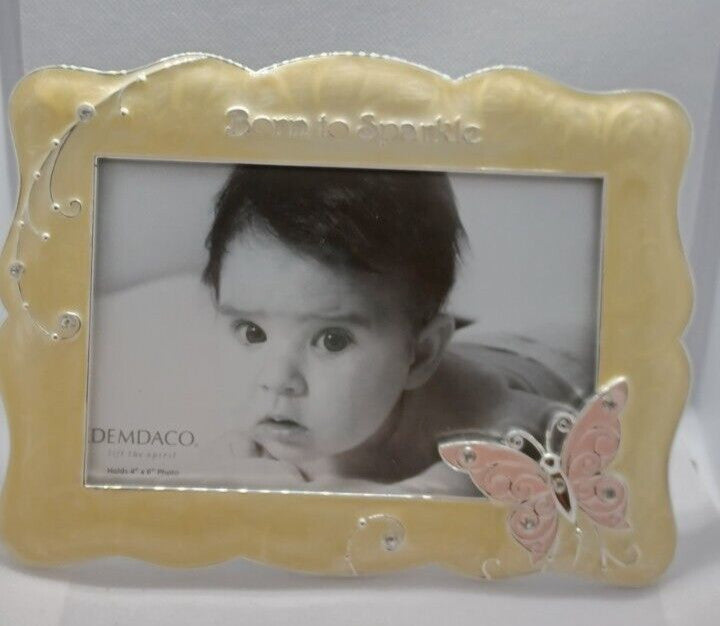 DEMDACO Born to Sparkle Pink Butterfly Photo Frame 4" x 6" Yellow Frame New