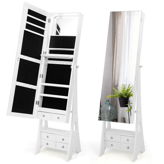 Freestanding Full Length LED Mirrored Jewelry Armoire with 6 Drawers-White - Col