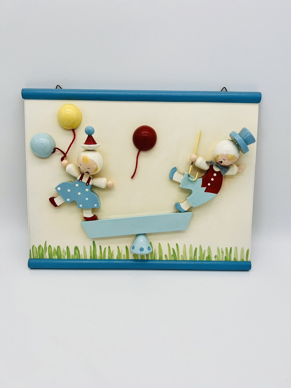Vintage See Saw Teeter Totter Nursery Wood Wall Hanging Plaque Blue Red Yellow