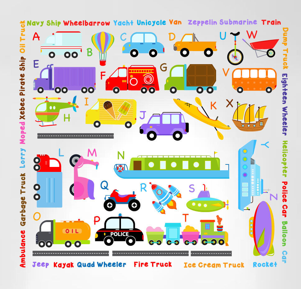 Cars Transportation Alphabet Peel and Stick Wall Nursery Kids Educational Decals