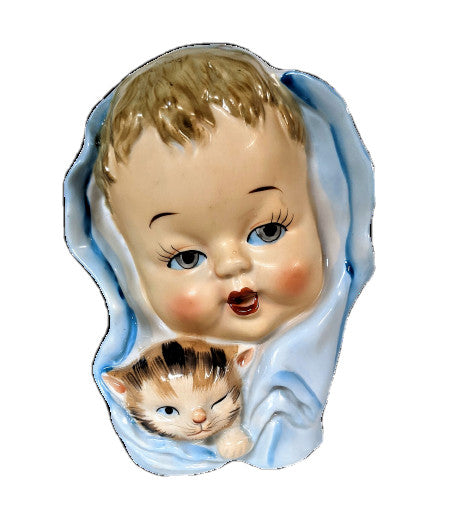 Mid-Century Baby and Winking Kitten, Planter Nursery Gift Vintage