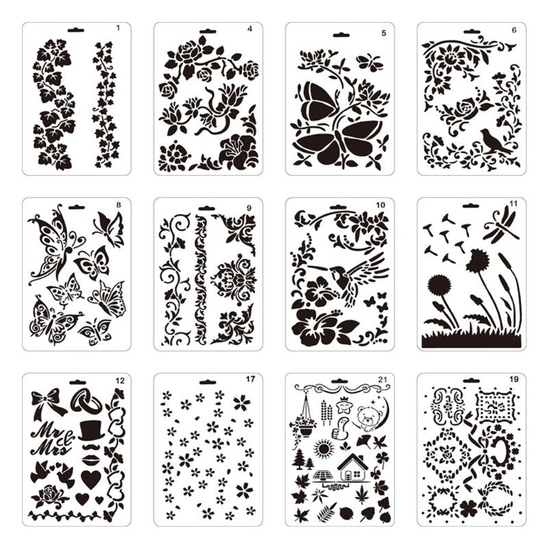 12Pcs Flower Stencils Set Template Tools for Canva Furniture Wall