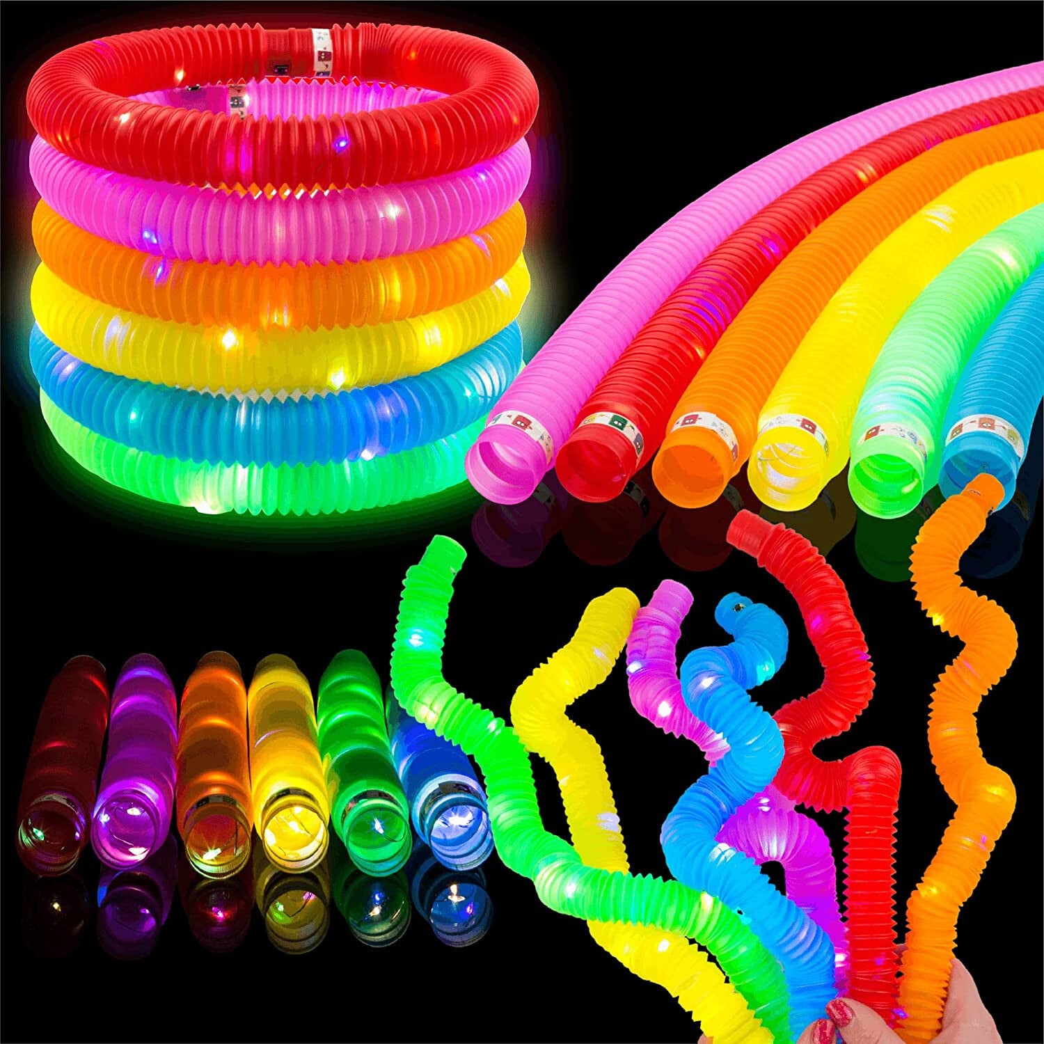 Toysery 24 Piece Light up Pop Tubes. Glow in The Dark Tubes for Kids