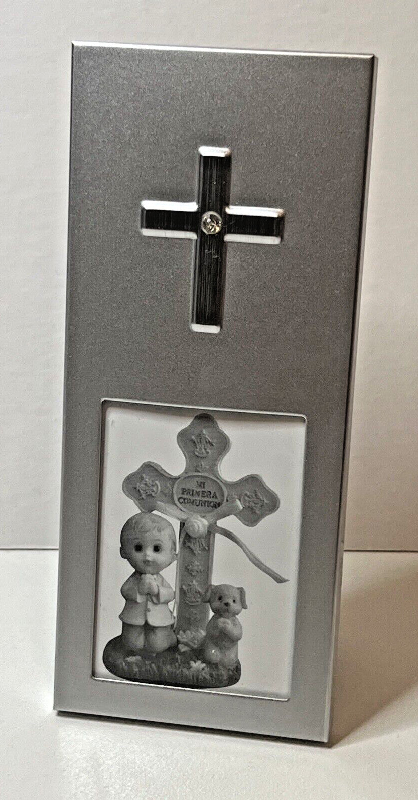 CHRISTENING BAPTISM DIAMANTE SILVER PHOTO FRAME WITH CROSS BOMBONIERE NEW IN BOX
