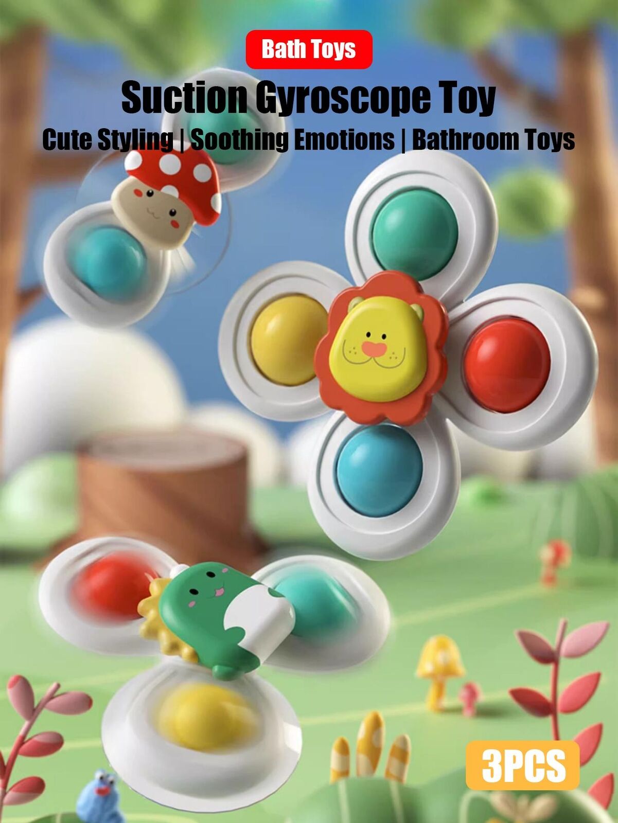 "3pcs Set 0-3 Years Baby Bathroom Spinning Toys - Suction on Wall, Glass, Table"